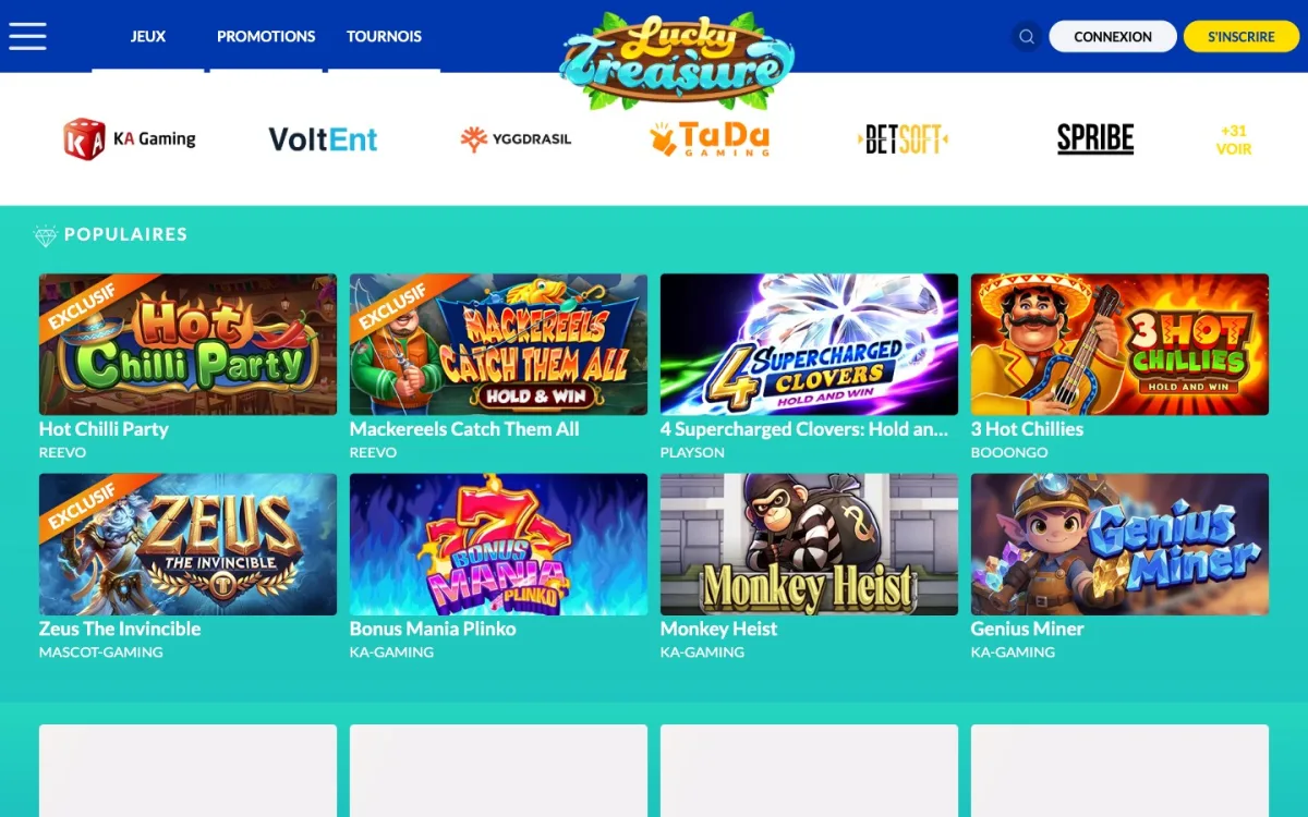 Page d’accueil Lucky Treasure Casino — hero block FR avec Welcome Pack BIENVENUE200 200 % jusqu’à 500 € + 100 Tours Bonus sans wager, capture 24 juin 2026