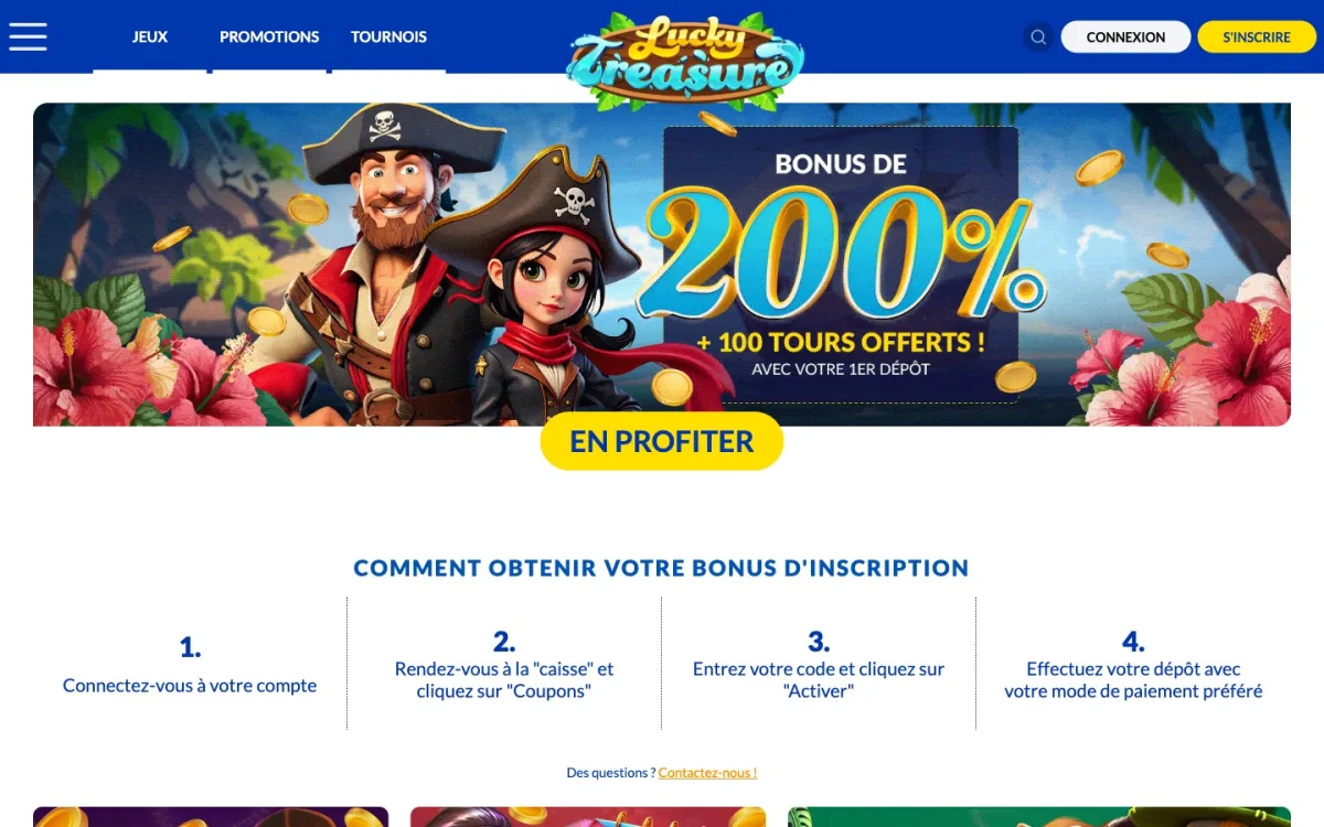 Page Promotions Lucky Treasure FR — BIENVENUE200, Cashback bienvenue 50 %, Tours gratuits quotidiens, Cashback hebdomadaire 15 %, capture 24 juin 2026