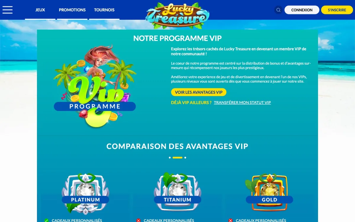 Page Programme VIP Lucky Treasure FR. 5 niveaux, plafond retrait 2-5 k€/sem, cashback hebdo 15 %, super spins jusqu’à 75, capture 24 juin 2026
